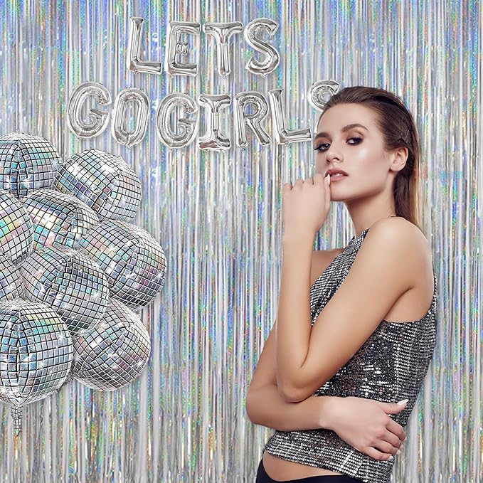 Melsan Christmas Party Decorations Foil Curtain, 2 Pack 3.2 ft x 8 ft Silver Tinsel Foil Fringe Backdrop, Sparkle Metallic Streamers for Disco Bachelorette Party Decorations, Silver Tinsel Backdrop