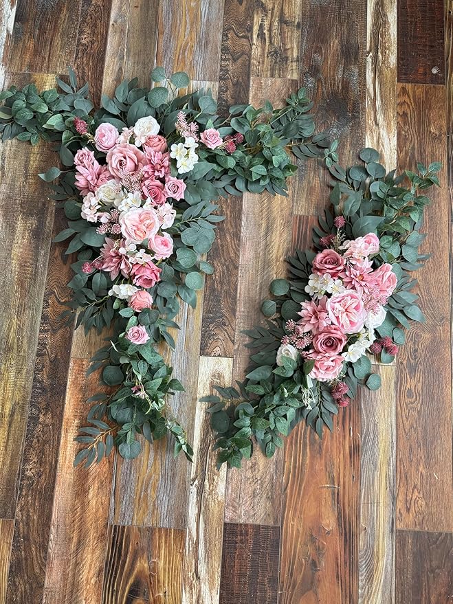 Wedding Arch Flowers Kit (Pack of 5) 2pcs Large Floral Swag Arrangement and 3pcs Fabric Drap for Ceremony Reception and Backdrop Decoration (Dusty Rose and Blush)