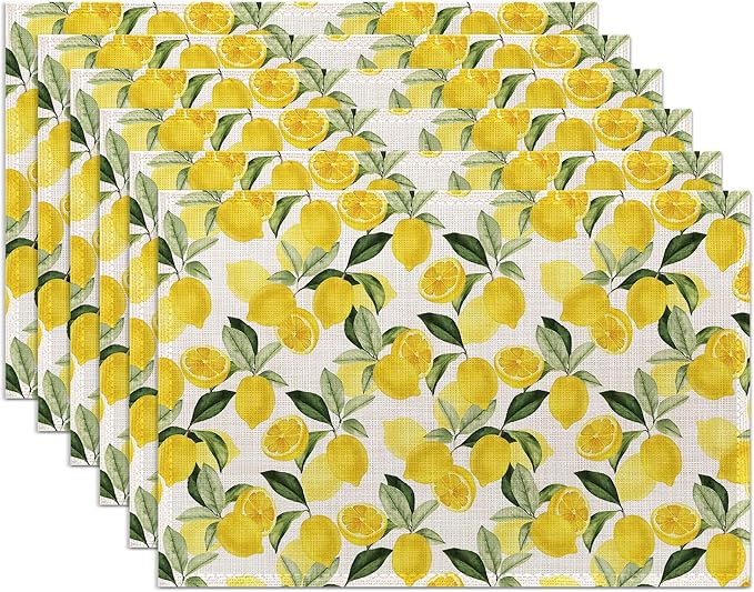 Lemon Placemats Set of 6,Washable Heat Resistant 12×18 Inch Linen Table Mats Yellow Place Mats for Party Outdoor Dining Décor