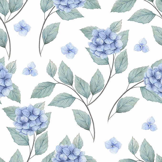 Blue Floral Peel and Stick Wallpaper Boho Hydrangea Floral Contact Paper for Cabinets Drawers 17.7"x160" Prepasted Watercolor Flower Wall Paper Blue and White Botanical Wallpaper for Bedroom