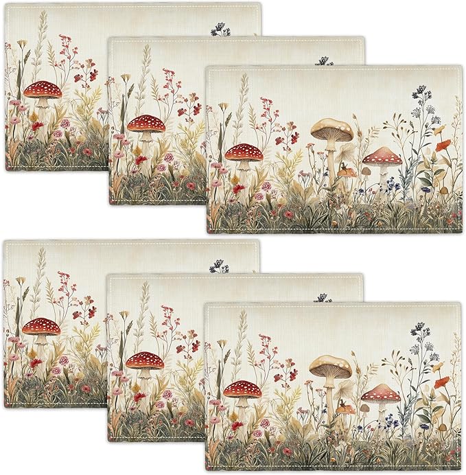Cute Mushroom Placemats Set of 6, Flowers Plant Place Mats, Rustic Leaves Dining Table Mats, Washable Placemats for Kitchen Dining Room 18L'' × 12W''