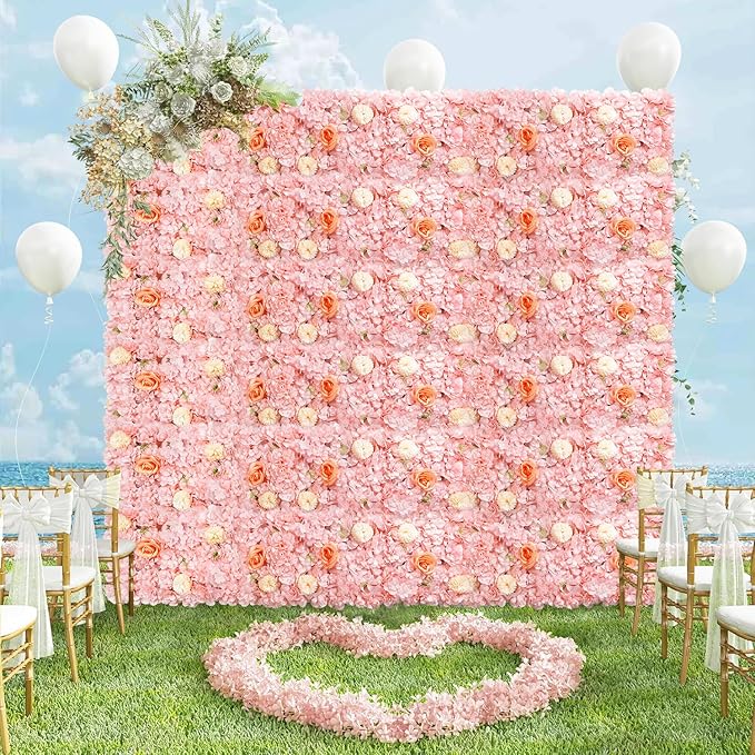 FUHSY Pink Flower Wall Backdrop 3D Rose Flower Wall Panel 12 Packs 15 x 15 Inch Artificial Flower Wedding Backdrop for Photo Floral Background for Bridal Shower Birthday Party Stage Room Decor
