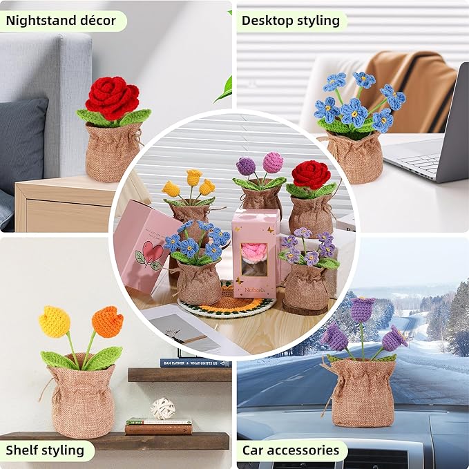Crochet Flower Plant, Empathetic Flower Gift for Women & Men, Perfect for Birthday, Christmas, Mother's Day, Desk Decor, Birthday Decorations, Kids Party Decoration. Blue Myosotis.
