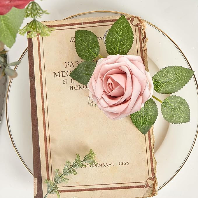 Artificial Flowers, 25pcs Hot Pink and Blush Artificial Rose for DIY Wedding Bouquets Centerpieces Arrangements, Fake Flower with Stem for Party Home Decorations