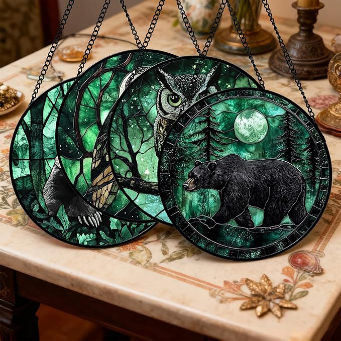 Stained Glass Window Hanging 4 Pcs Set Green Forest Night Sky Wildlife 7.8" - Suncatcher Door Garden Sun Catcher Decor Birthday for Mom Woman Nana Men Friend