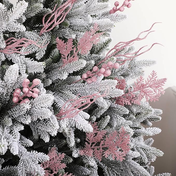 75 Pcs Christmas Glitter Branches 3 Styles Artificial Christmas Picks Berries Stems Pine Needles Floral Twig Spray for Xmas Tree Ornaments DIY Wreath Garland(Light Pink)