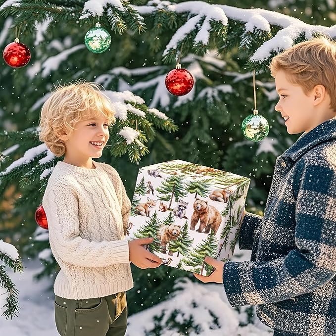 WRAPAHOLIC 30 Inch Jumbo Kraft Christmas Wrapping Paper - 30 Inch x 100 Feet Jumbo Roll White Wild Animal Winterfall Watercolor and Christmas Tree Wrapping Paper Perfect for Holiday, Party