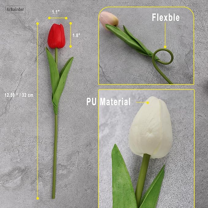 30pcs Tulips Artificial Flowers, Artificial Latex Real Touch Tulips Flowers Bouquet for Mother's Day Easter Wedding Party Home Decor-White