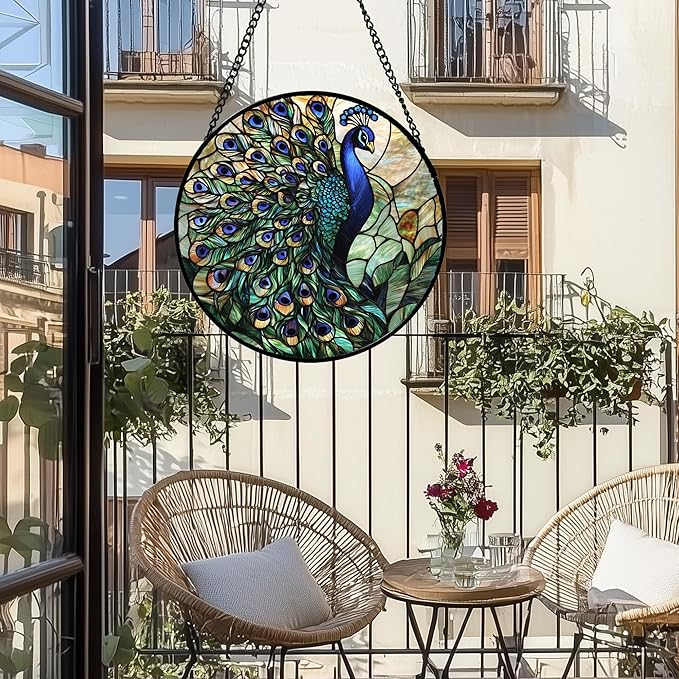 Stained Glass Window Hanging, Blue Green Peacock Decor Suncatcher for Door Garden Home Decoration Bird Sun Catchers Christmas Mother's Day Birthday Gifts for Women Men Mom Nana Friend 6.3 in