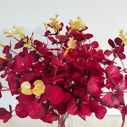 19" Faux Flowers Artificial Silk Silver Dollar Eucalyptus Stems Fake Plant for Vase Home Wedding Decor 3 Pcs (Dark Red)