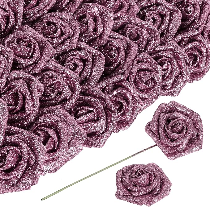 Artificial Flowers Glitter Rose 30 PCS Glitter Flowers Foam Roses with STEM Faux Flowers for DIY Wedding Bridal Bouquet Party Centerpieces Decor(Rose Gold)