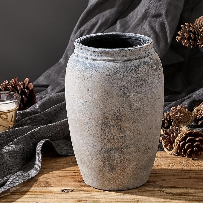 8.2 Inch Ceramic Vase, Terracotta Rustic Vase Farmhouse Decorative Vase Boho Decor, Ceramic Vases for Home Decor, Living Room, Entryway, Floor, Holiday Wedding Christmas New Year Gifts - Gray