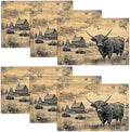 Farmhouse Highland Cow Placemats Set of 6, Country Barn Place Mats, Rustic Black and White Dining Table Mats, Washable Placemats for Kitchen Dining Room Home Decor 18L'' × 12W''