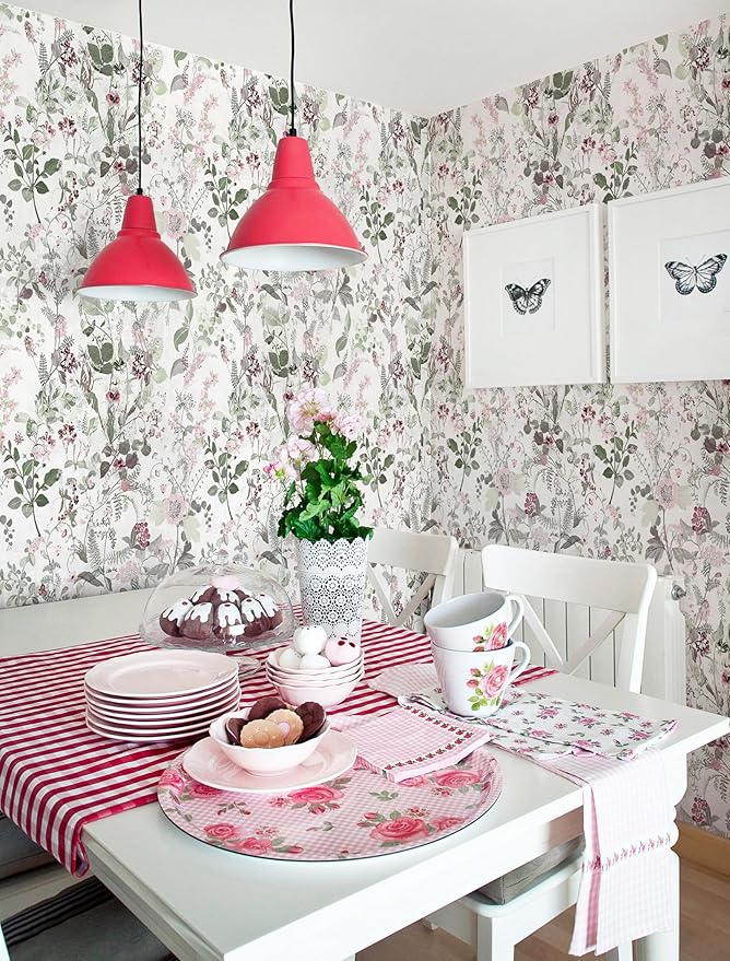 Erfoni 17.7" x 394" Removable Peel and Stick Wallpaper Floral and Leaf Contact Paper Boho Flower Self Adhesive Wallpaper DIY Vintage Wall Paper Decoration for Accent Wall Cabinets Decor Waterproof