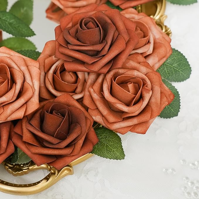 Artificial Flowers, 25pcs Artificial Rose for DIY Wedding Bouquets Centerpieces Arrangements,Shades of Terracotta and Dark Teal Foam Roses with Stem for Party Home Decorations