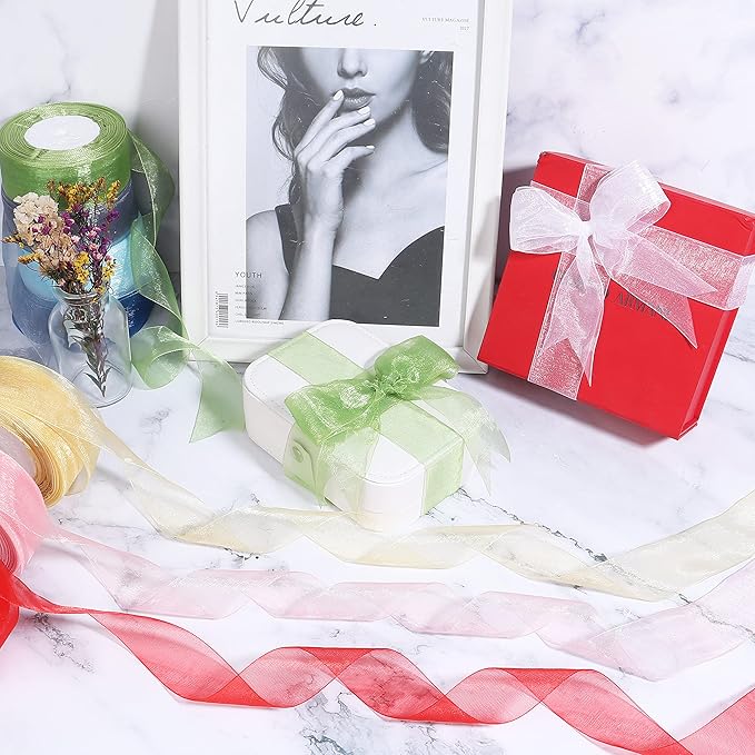 1.5 inch Sheer Organza Ribbon Red Chiffon Ribbon for Gift Wrapping Christmas Halloween Decoration Wedding Bouquet Crafts 50 Yards