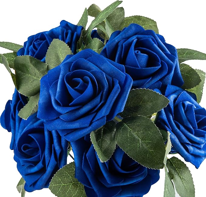 Artificial Flower Foam Rose 25pcs Real Looking Fake Rose with Stems Leaves for Home Decoration Party Garden Centerpieces DIY Wedding Bouquets（Royal Blue）