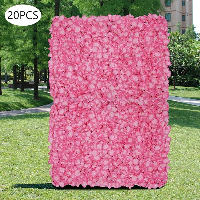 20PCS Artificial Floral Wall Backdrop, 3D Flower Wall Panel, Realistic Silk Flower Backplanes, Roll Up Fake Flower Background for Valentines Wedding Party Photo Arrangement Outdoor Decor(Deep Pink)