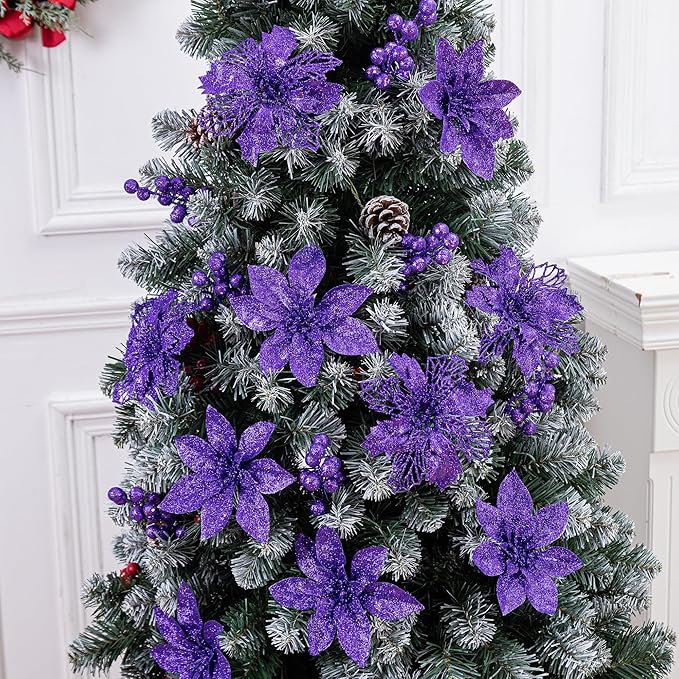 24Pcs Purple Glitter Poinsettia Christmas Tree Ornaments and Glitter Berries Stems, 16Pcs Christmas Artificial Flowers and 8 Pack Christmas Tree Picks for Wedding Xmas Holiday Decorations