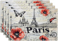 Paris Placemats Set of 4, French Eiffel Tower Place Mats, Poppies Dining Table Mats, Retro Washable Placemats for Kitchen Dining Room Home Decor 18L'' × 12W''