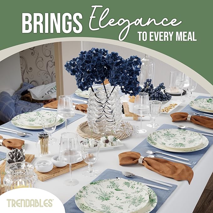 Trendables Plastic Disposable Plates Set I 8 Inch Dessert Plates & 10 Inch Wedding Party Plates | Ivory & Green Verdure Design (40)