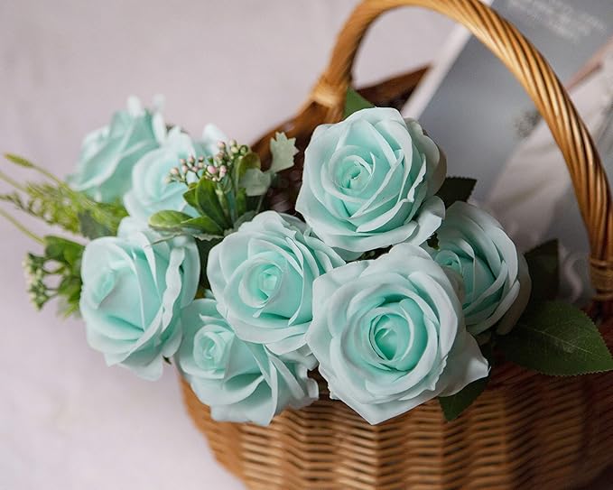 DuHouse 10pcs Fake Roses Artificial Silk Flowers Faux Rose Flower Long Stems Bouquet for Arrangement Wedding Centerpiece Party Home Kitchen Decor(Teal Blue)