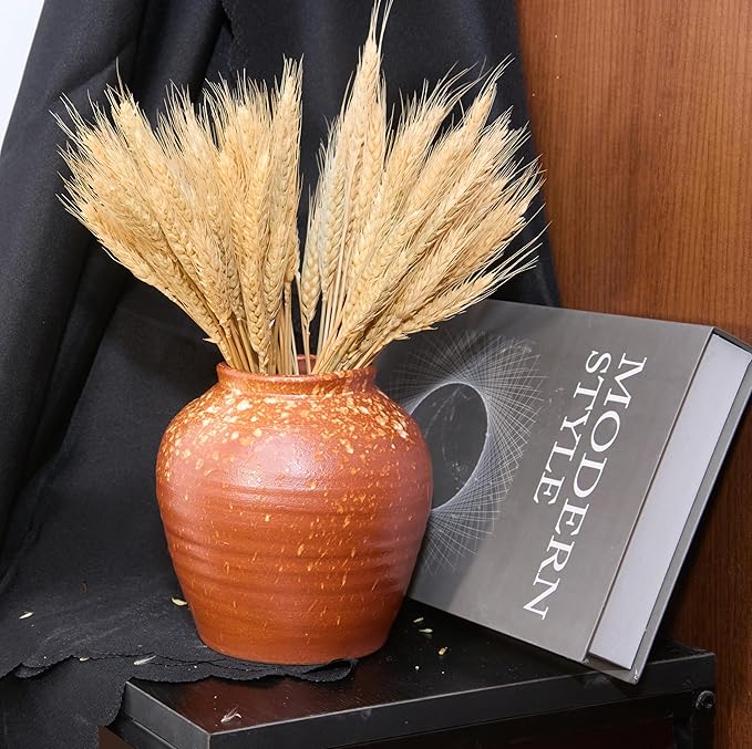 7IN Rustic Farmhouse Ceramic Vase Home Decor,Handmade Vintage Stoneware Clay Pottery Terracotta Textured for Modern Farmhouse, Living Room, Office Desk Table Shelf(Brown)