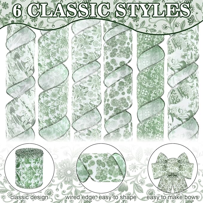 Lyrow 6 Rolls Chinoiserie Ribbon Sage Green Wired Edge Floral Ribbon Botanical Floral Flower Pattern Fabric Craft Wreath Bow Wrapping 2.52 Inches by 5 Yards