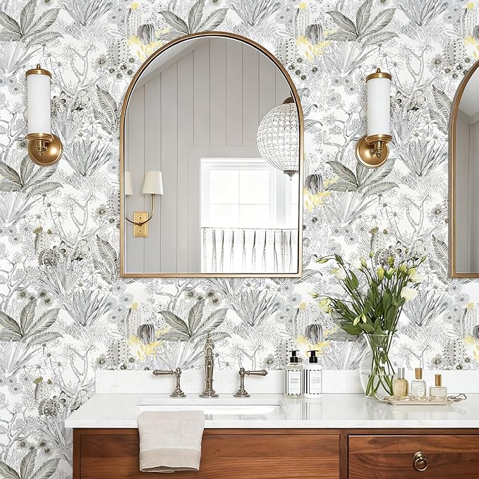 Wudnaye Floral Peel and Stick Wallpaper Vintage Contact Paper 17.7 inch×118.1 inch Gray Flower Wallpapers Self Adhesive Removable White and Black Contact Paper Waterproof for Bathroom Vinyl