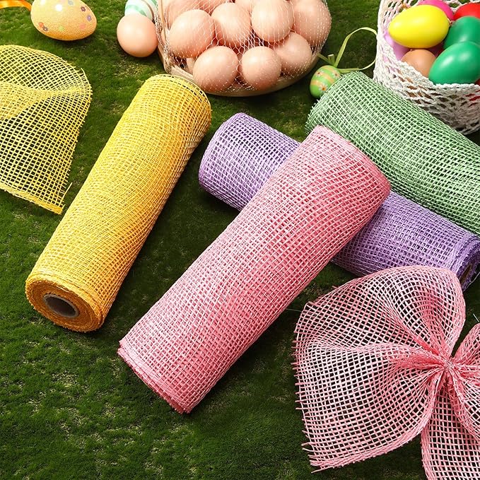 Chuangdi 4 Rolls Easter Poly Burlap Mesh Poly Burlap Deco Ribbon Mesh Roll for Spring Summer DIY Flower Wreath Garland, 10 Inch