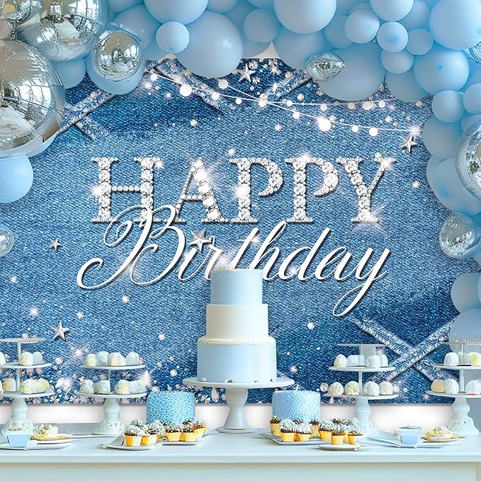 Riyidecor Denim Diamonds Birthday Backdrop for Women Navy Blue Silver Modern Luxury Crystal Sparkle Shining 7Wx5H Feet Girls Photography Background Happy Birthday Photo Studio Shoot Polyester Fabric
