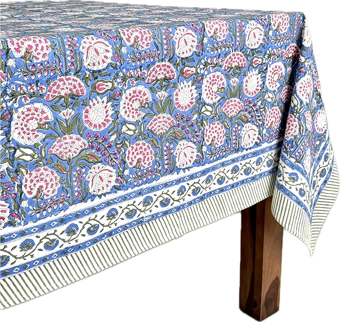 ATOSII Clover Pink 100% Cotton Rectangle Boho Fall Tablecloth, Handblock Floral Table Cloth Linen for Kitchen Dining I Parties Wedding Outdoors Christmas Thanksgiving I 72 X 120 Inches I 10 Seater