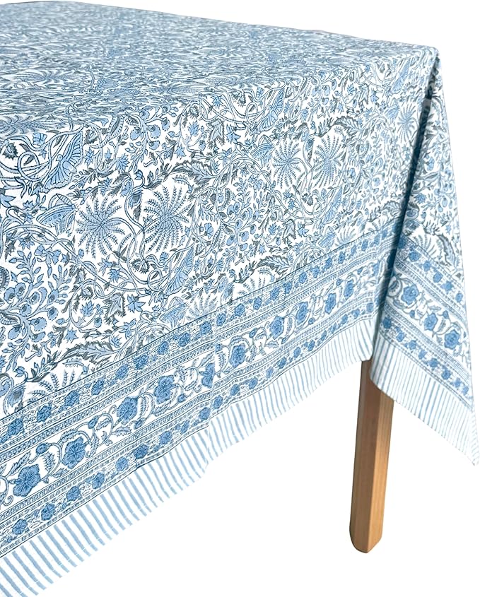 ATOSII Butterfly Blue 100% Cotton Rectangle Boho Fall Tablecloth, Handblock Floral Table Cloth Linen for Kitchen Dining I Parties Wedding Outdoors Christmas Thanksgiving I 72 X 120 Inches I 10 Seater