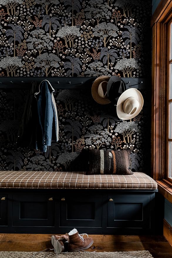 Guvana 197"x16.14" Forest Wallpaper Black Peel and Stick Wallpaper Leaf Contact Paper Floral Self Adhesive Wall Paper for Living Room Cabinets Decorative