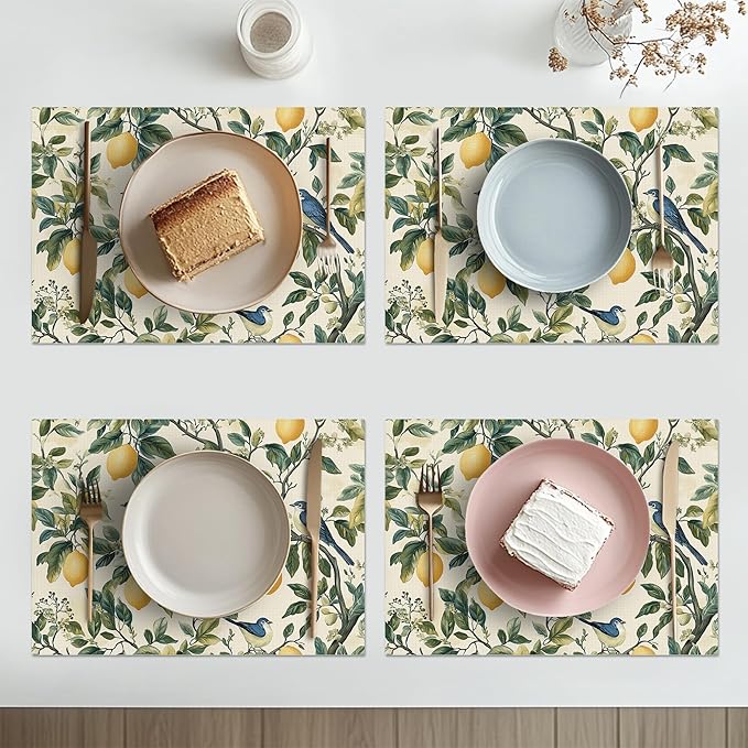 Lemon Placemats Set of 4 Washable Table Mats Summer Yellow Lemonade Stand Heat-Resistant Cotton Linen Place Mats for Dining Table Kitchen Indoor Outdoor Party Holiday Décor