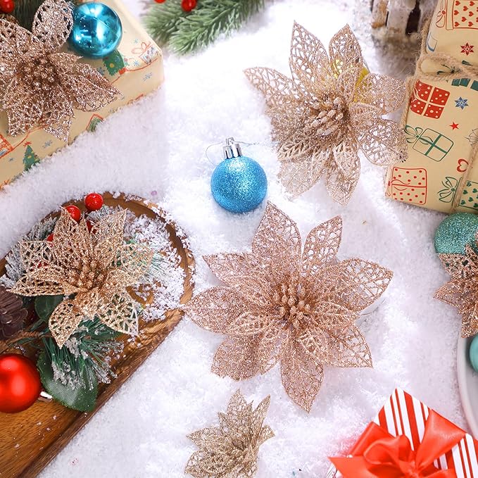 Boao Champagne,Rose Gold 24 Pieces Poinsettia Flower Christmas Glitter Artificial Poinsettia with Clips Christmas Tree Ornament Decorations for DIY Xmas Wreath Holiday Home Party Decor, 3/4/6 Inches