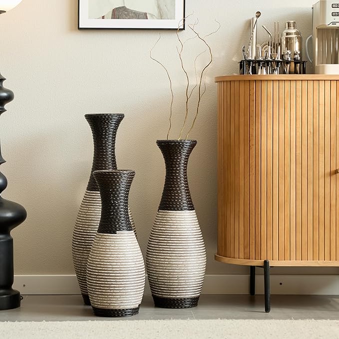 Floor PVC Decorated Vases Set of 3 for Gorgeous Home Decoration Large Classic Neat PVC Vase 19.6in/23.6in/27.5in Height(Black+White)