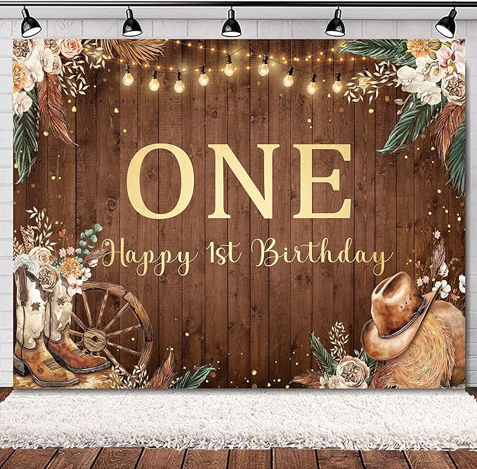 SVBright Western Cowgirl First Birthday Backdrop 8Wx6H One Year Old Pampas Grass Country West Rustic Wooden Flower Retro Boots Hat Decorations Photography Background Banner Photo Booth Studio