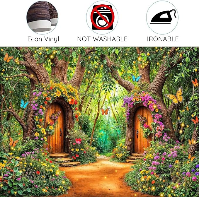 12X10ft Enchanted Forest Backdrop Fairy Tale Green Garden Wonderland Tree House Floral Butterfly Background for Kids Girl Baby Shower Birthday Party Decoration Banner Cake Table Photo Booth Props