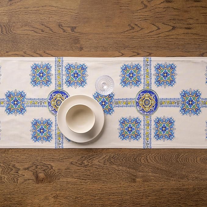 Maison d' Hermine Tablerunners 100% Combed Cotton Premium Table Runner Decorative Table Cover, Home, Kitchen, Parties & Camping, Sciacca, Double Layer - (14.50"x72")