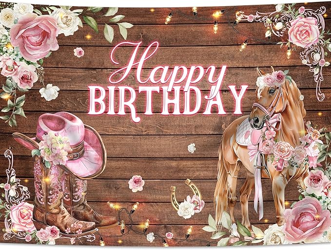 SVBright Cowgirl Birthday Backdrop for Women， Western Horse Barn Door，Pink Rose Flowers Farmhouse Rustic，Natural Wildflower Wood Boot Hat Decorations Photography Background Banner Photo Studio 7Wx5H