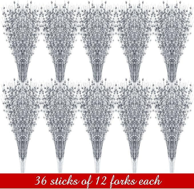Geosar 30 Pcs Christmas Artificial Glitter Berry Stem Decorations 17 Inch Faux Stick Floral Pick Centerpiece Bouquet Flower Bead Twigs for Centerpiece Tree Wreath Xmas Ornaments Home(Silver)