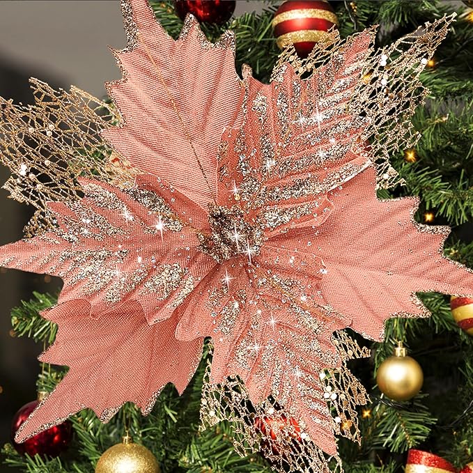 10'' Large Christmas Glitter Poinsettia Flowers Decorations, stadeco 10 Pcs Christmas Tree Picks Ornaments Artificial Flowers with Long Stems for Xmas Tree Wreath Garland Wedding Party DIY Decor