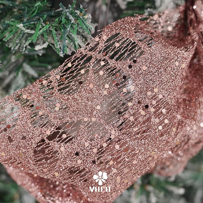 MEEDEE Rose Gold Glitter Mesh Star Web Ribbon 10 Inch Wide by 10 Yards Roll Rose Gold Fabric Ribbon Decorative Mesh Ribbon for Christmas Tree, Garland, Wreaths, Bows, Home Decor