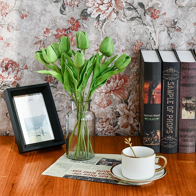 Mandy's Artificial Tulips 20 Stems Green PU Faux Flowers for Thanksgiving and Christmas Decorations Wedding Home Decor 13.5 Inch