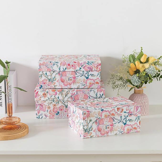 Soul & Lane Decorative Storage Boxes with Hinged Lids, Pink Chinoiserie - Set of 3 Floral Memory Keepsake Boxes with Lids, Pretty Large Cardboard Photo Storage for Organizing, Home Décor, Gifts