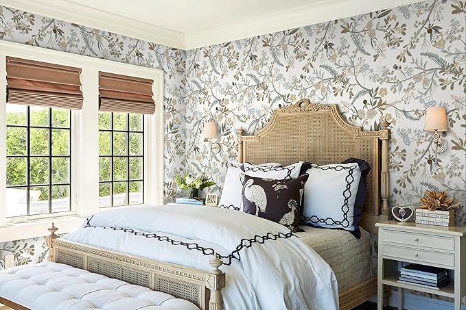 Guvana 16.14"x394" Floral Peel and Stick Wallpaper Leaves Contact Paper Floral and Leaf Wallpaper Colorful Flowers Self Adhesive Wall Paper for Home Wall Decor（Off-White Background）