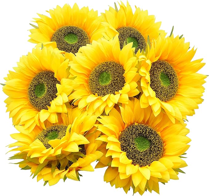Artificial Flower 6pcs 10''W Big Size Silk Sunflower Heads Real Looking Fake Sunflower for Hat Trim Cake Flower Home Décor Flower Wall Wreath Wedding Baby Shower Photography Props(Yellow)