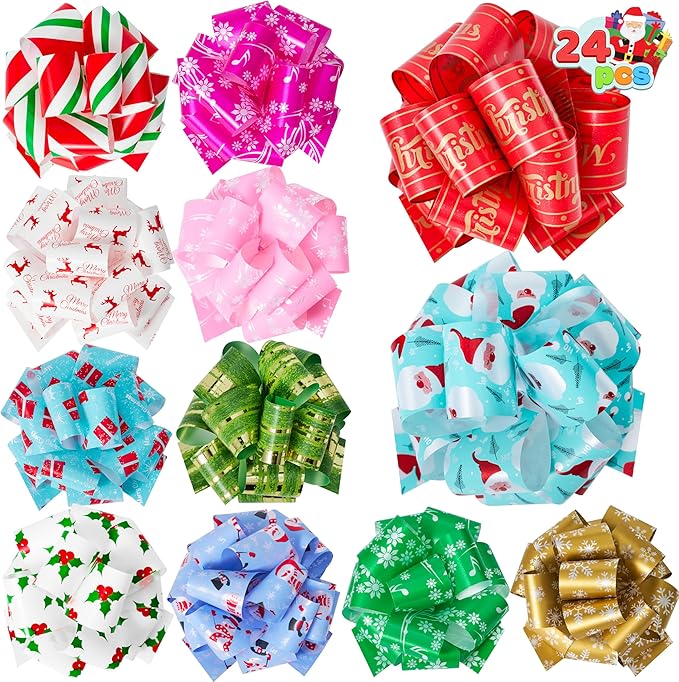 JOYIN 24 PCS Christmas Ribbon Pull Bow, 5" Gift Wrapping Pull Bow, Xmas Gift Accessory for Christmas Present Wrapping, Party Decorations, Boxing Day Decorations, Holiday Decor