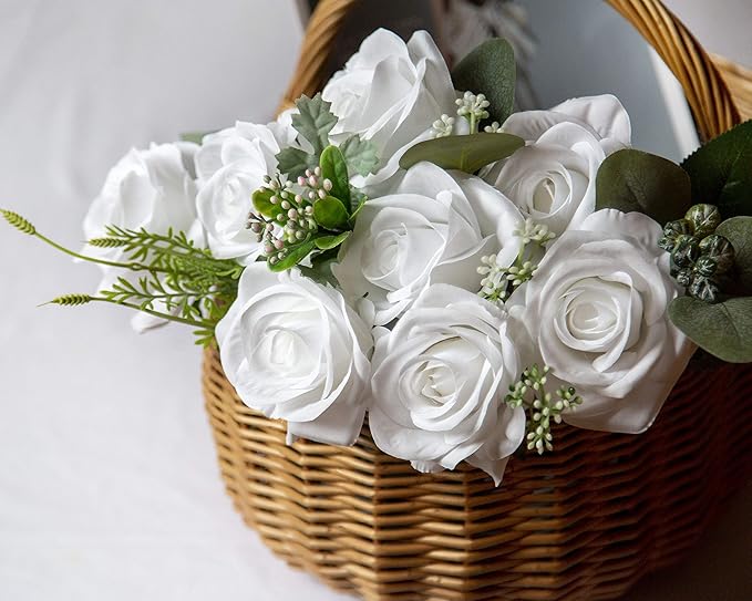 DuHouse 10pcs Fake Roses Artificial Silk Flowers Faux Rose Flower Long Stems Bouquet for Arrangement Wedding Centerpiece Party Home Kitchen Decor (Pure White)